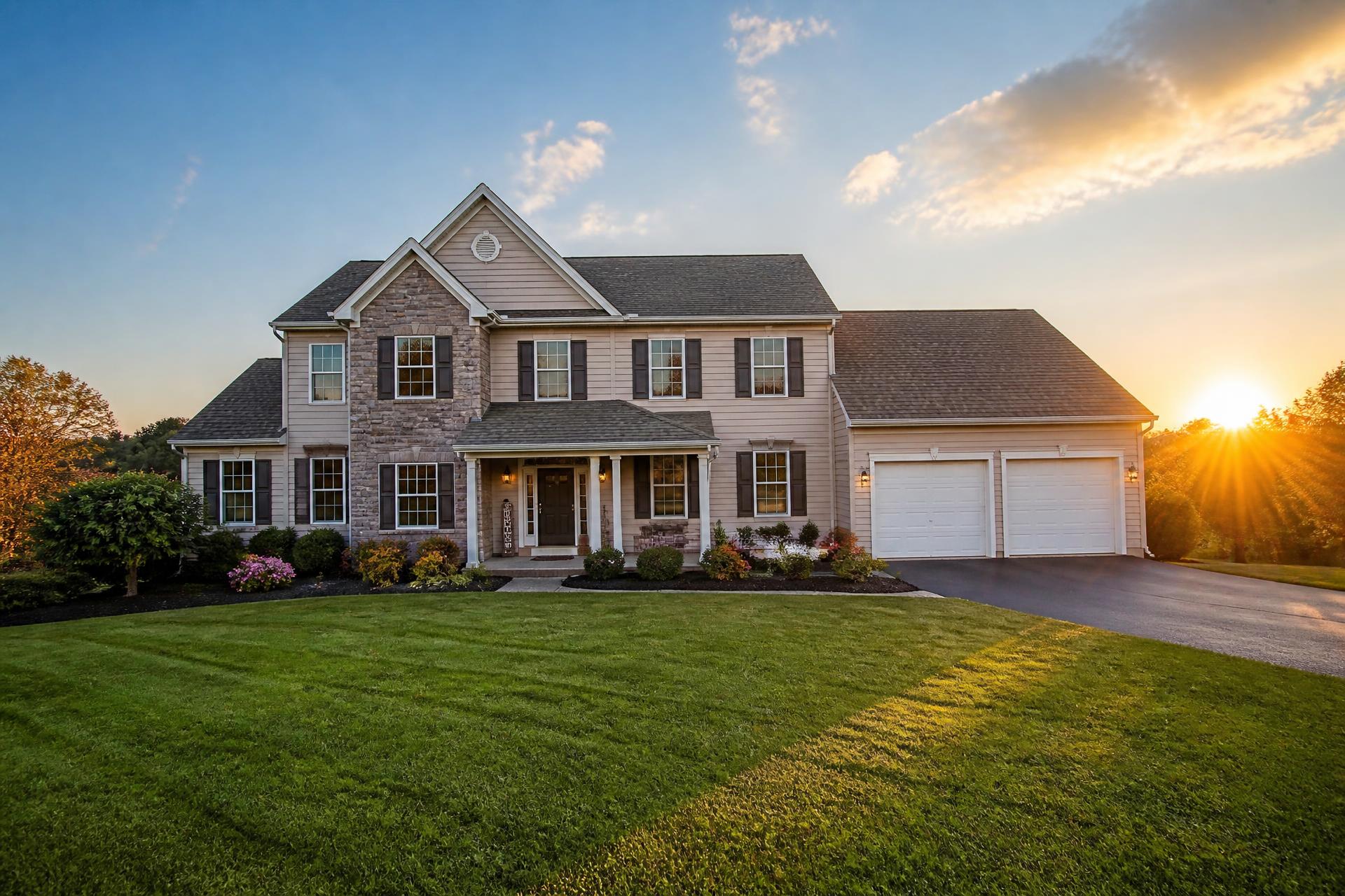Well-maintained Lancaster County home exterior at sunset